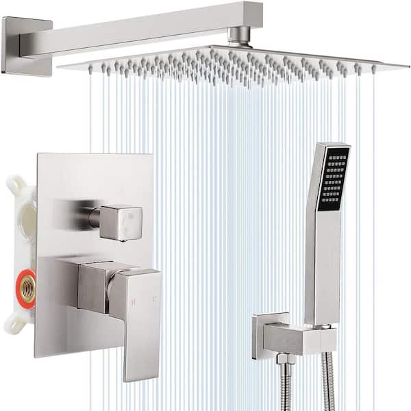 AKLFGN 1-Spray Square 12 in. Shower Head Brass Wall Bar Shower Kit with Valve and Hand Shower Rainfall Shower in Brushed Nickel