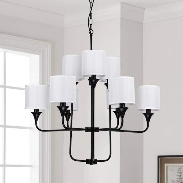 9-Light Matte Black Traditional Branch Chandelier with White Fabric Shade for Kitchen Island
