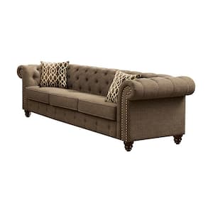 Amelia 90 in. Rolled Arm Linen Rectangle Nailhead Trim Sofa in Brown