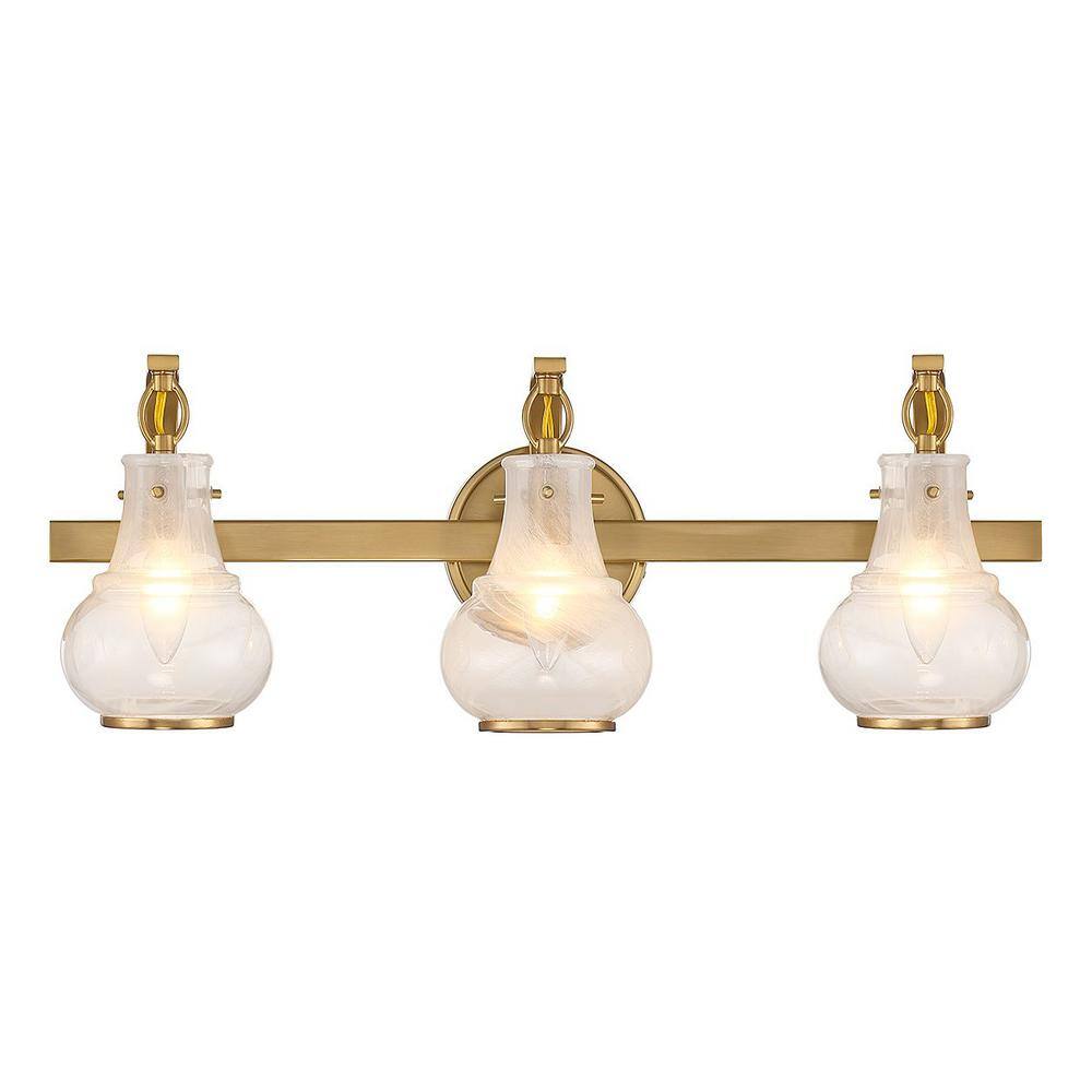 Savoy House Adams 24 in. 3Light Warm Brass Vanity Light with White Strie Glass Shades 844173