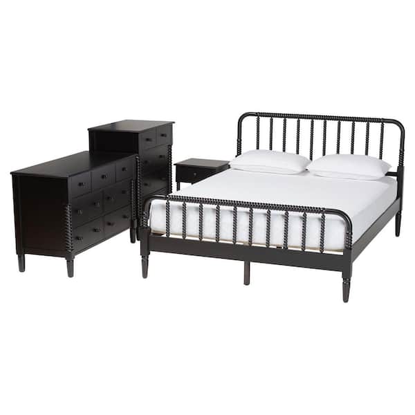 Baxton Studio Braith 4-Piece Black Wood Queen Bedroom Set
