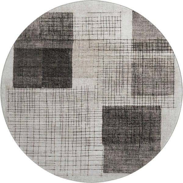 Mayfield Premium Machine Washable Abstract AMF2112 Ivory 8 ft. x 8 ft. Round Rug