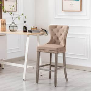 Harper 29 in. High Back Nail Head Trim Button Tufted Taupe Velvet Counter Stool with Solid Wood Frame in Antique Gray