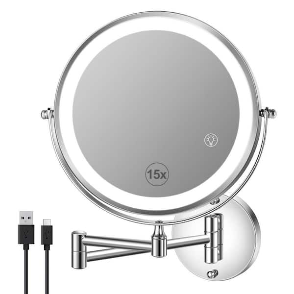 8.5 in. W x 8.5 in. H Round LED Wall Mount Bathroom Makeup Mirror with 3 Adjustable Colors, 1X/15X Magnification-Chrome