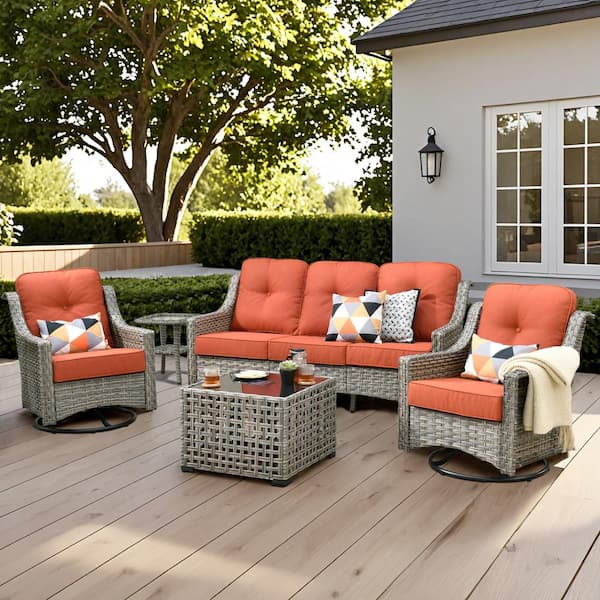 XIZZI Blanche 5-Piece Wicker Patio Conversation Seating Sofa Set with Orange Red Cushions and Swivel Rocking Chairs