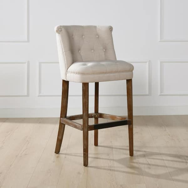 Jennifer Taylor Emma 43 in. Greige Gray Linen Tufted Rubber Wood 31 in. Bar Stool with Linen Seat