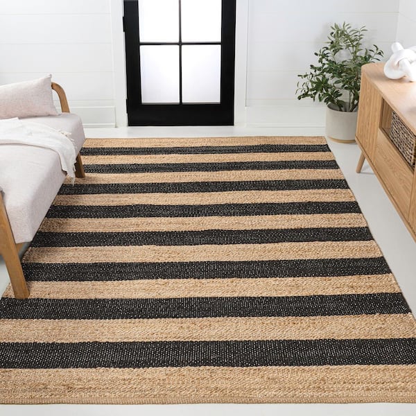 Jayden Rustic Farmhouse Woven Jute Stripe Natural/Black 8 ft. x 10 ft. Area Rug