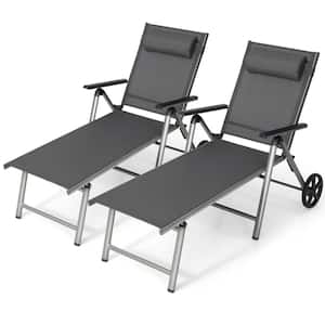 2-Piece Folding Chaise Lounge Chair Aluminum Recliner Back Adjust Wheels