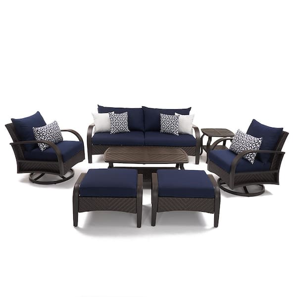 Barcelo 7-Piece Wicker Motion Patio Deep Seating Conversation Set with Sunbrella Navy Blue Cushions