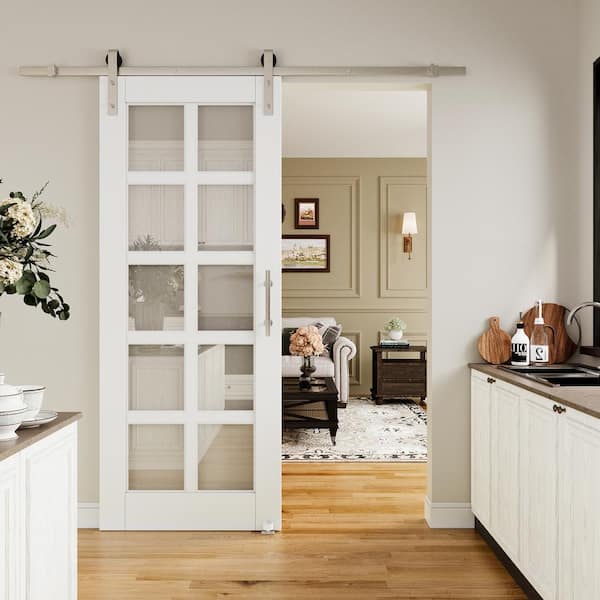 32 in. x 80 in. 10-Lite Clear Glass White Primed Sliding Barn Door with Hardware Kit Nickel Plated