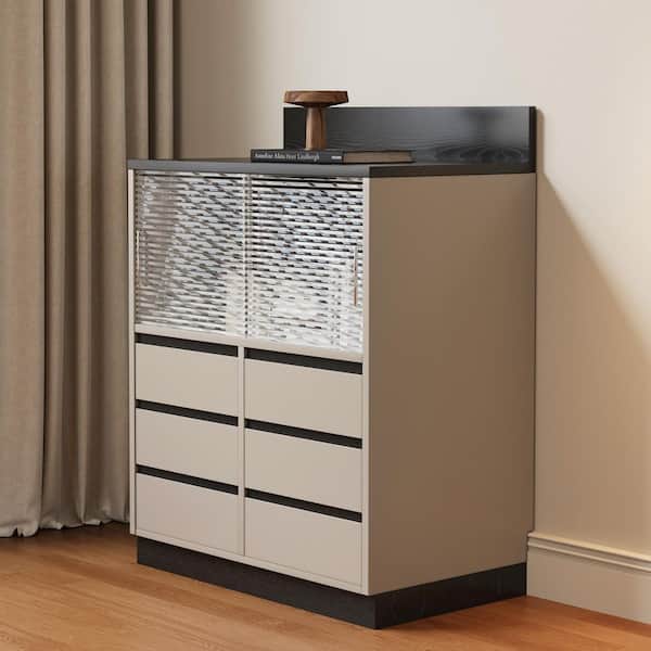 THE RIGHT PATH 31.49 in. 6 Drawers, MDF vanity table Dresser, modern entryway storage cabinet, beige and black, with 6 Drawers