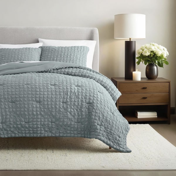 All-Season Down Alternative Light Blue Seersucker Textured Queen Comforter Set