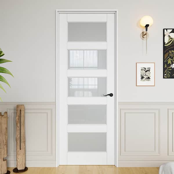 28 in. x 80 in. Left Handed 5 Lite Frosted Glass White Finished Solid Core MDF Interior Door Kit w/ Quick Assemble Jamb