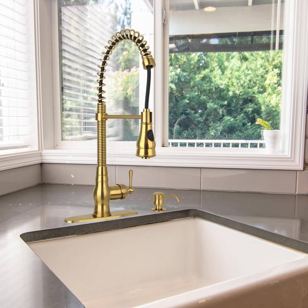 Brushed Gold Brass Double Handle Kitchen Faucet with Pull-out Spray
