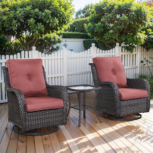 Brown 3-Piece Wicker Patio Conversation Deep Seating Set with Red Cushions All-Weather Swivel Rocking Chairs