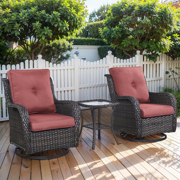 Pocassy Brown 3-Piece Wicker Patio Conversation Deep Seating Set with Red Cushions All-Weather Swivel Rocking Chairs