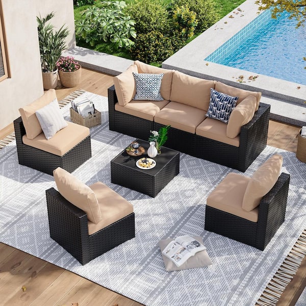 Black 7-Piece Wicker Rattan Outdoor Sectional Set with Beige Cushions, Coffee Table