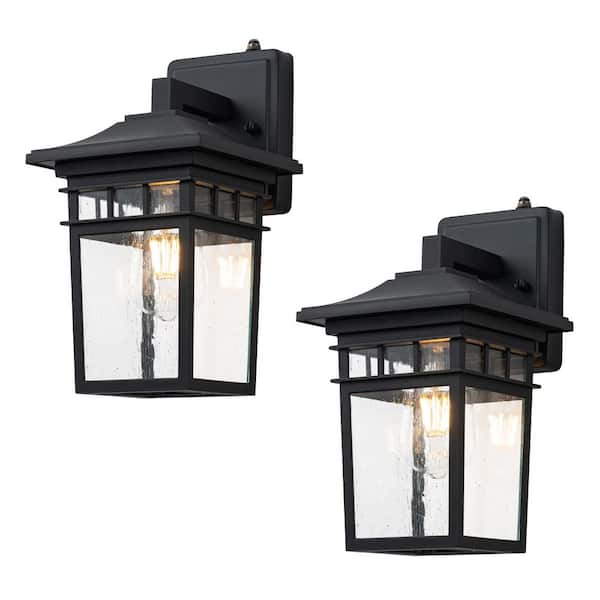 11.25 in. Black Dusk to Dawn Outdoor Hardwired Wall Lantern Sconce with Seeded Glass, No Bulbs Included (2-Pack)