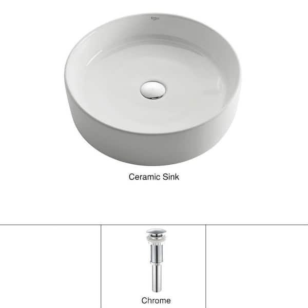 KRAUS Round Ceramic Vessel Bathroom Sink in White with Pop Up Drain in Chrome