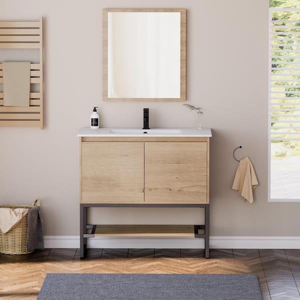 36 in. W x 18 in. D x 33 in. H Single Sink Freestanding Bath Vanity Cabinet in Natural with White Ceramic Top