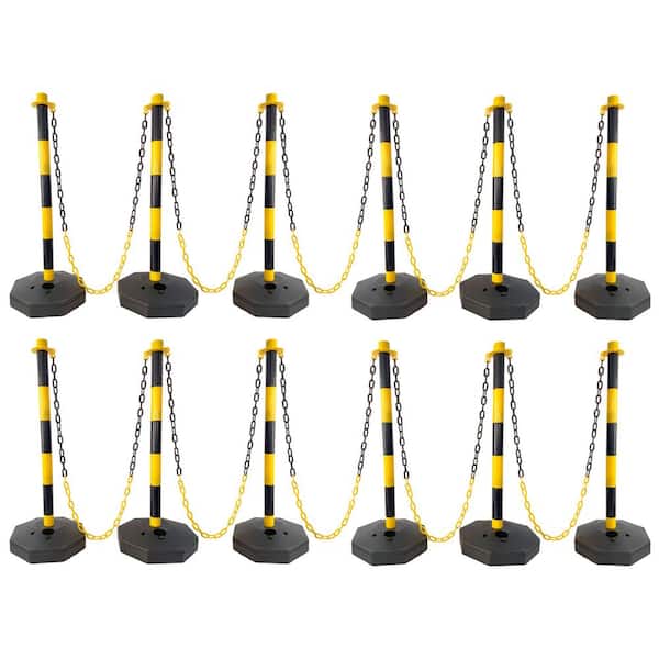 12-Pack Yellow/Black Plastic Safety Barrier Post w/Fillable Base,5Ft Plastic Chain for Traffic Control and Warning Y/B