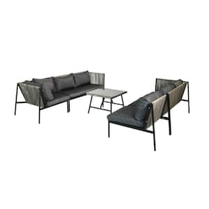 5-Piece Natural Outdoor Rattan Wicker Patio Conversation Set Garden Sofa Set with Black Cushions and Glass Top Table