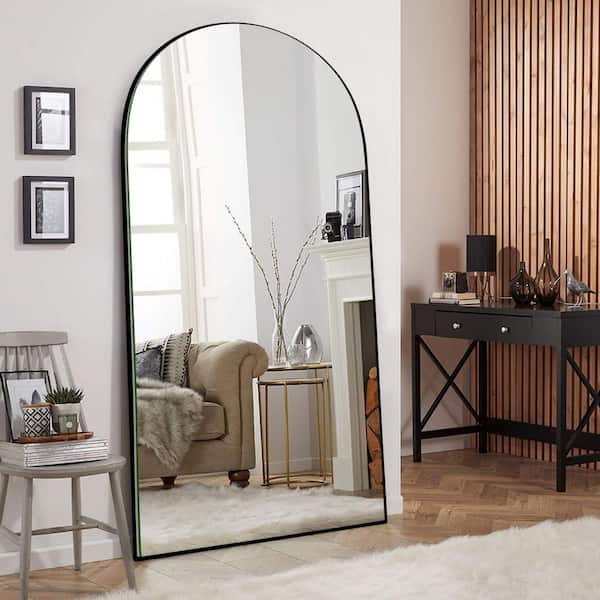 Sxiawe 28 in. W x 71.2 in. H Arched Black Wooden Frame Oversized Classic Wall Mounted Floor Mirror