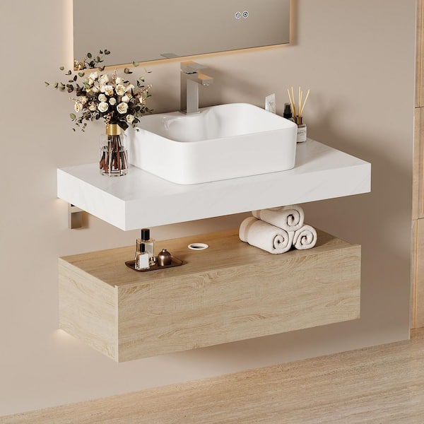 Modern 35.43 in. Floating Bath Vanity with Sink and White Sintered Stone Top