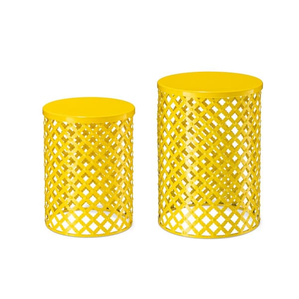 Glitzhome Multi-functional Metal Yellow Garden Stool or Planter Stand or Accent Table or Side Table (Set of 2)
