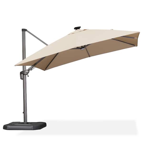 PURPLE LEAF 10 ft. Square Aluminum Cantilever Solar LED Swivel Offset 360°Rotation Umbrella with Base in Ground, Beige