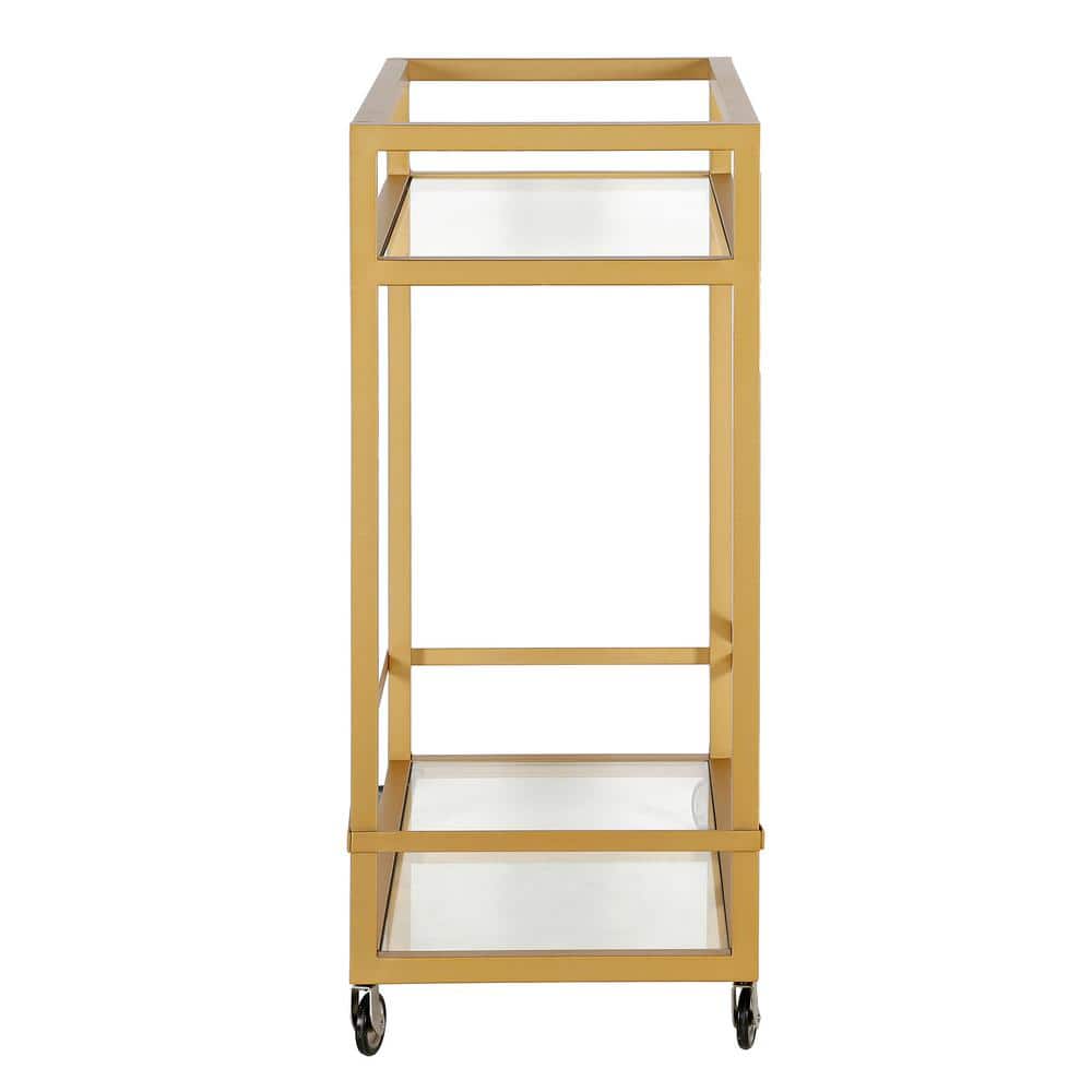 Modern Gold Metal 2-Tier Bar Cart with Glass Shelves and Storage