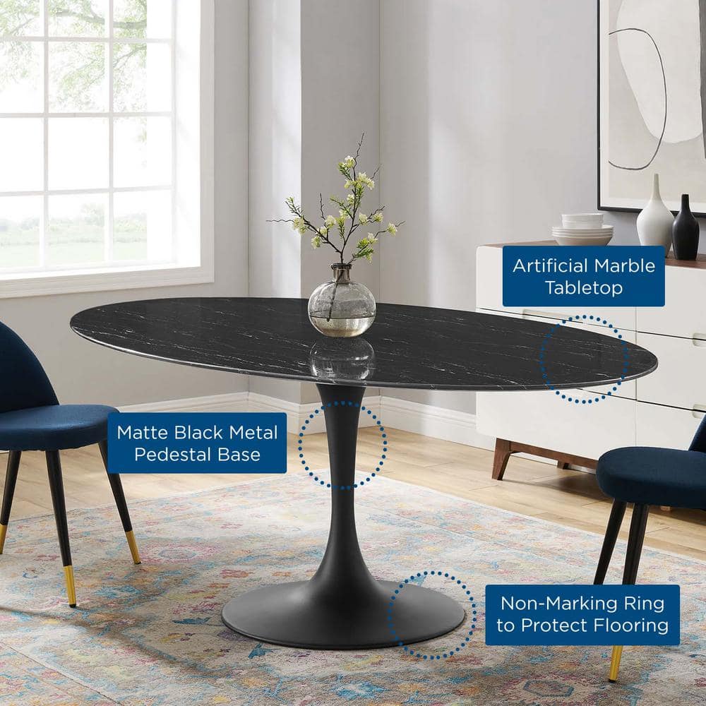 Black Oval Artificial Marble Dining Table with Metal Pedestal Base