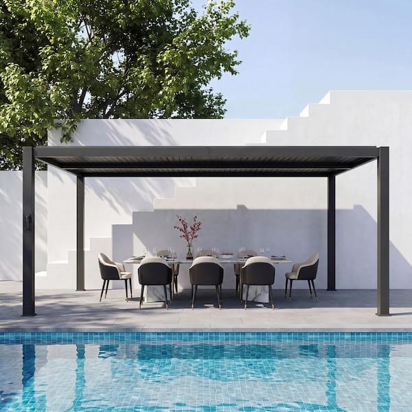 Sizzim 16 ft. x 10 ft. Black Metal Pergola with Adjustable