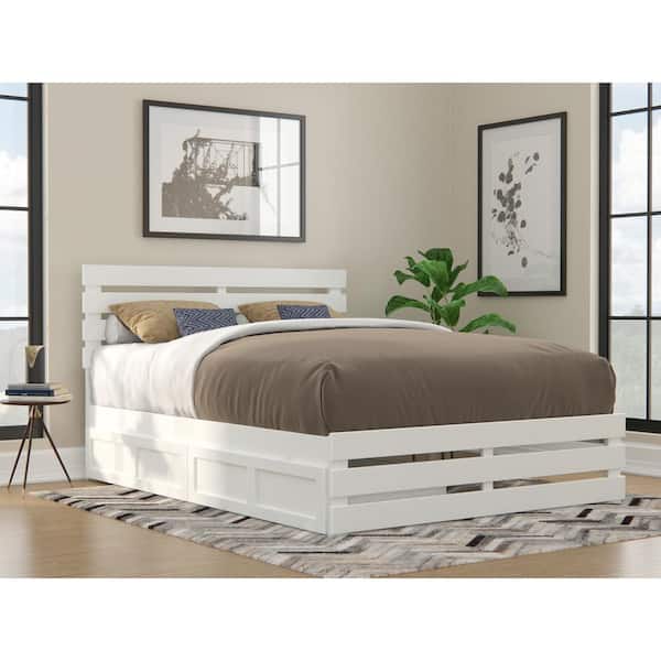 AFI Oxford White Queen Solid Wood Storage Platform Bed with Footboard and USB Turbo Charger with 2 Extra Long Drawers