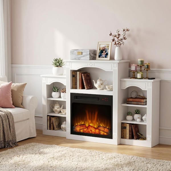 White TV Stand Entertainment Center Fits TV's up to 60 in. W with Electric Fireplace and 7 Open Shelves