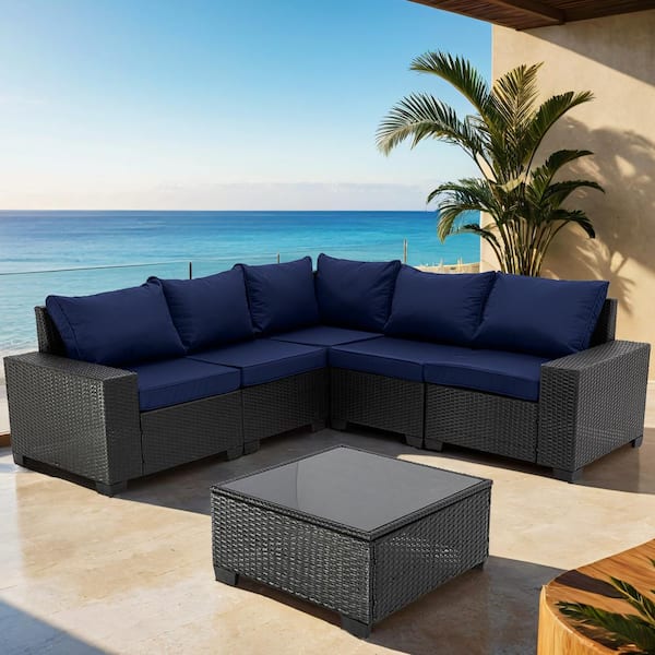Runesay 6 Piece All-Weather Wicker PE rattan Patio Outdoor Conversation Sectional Set with Dark Blue Cushions Coffee Table
