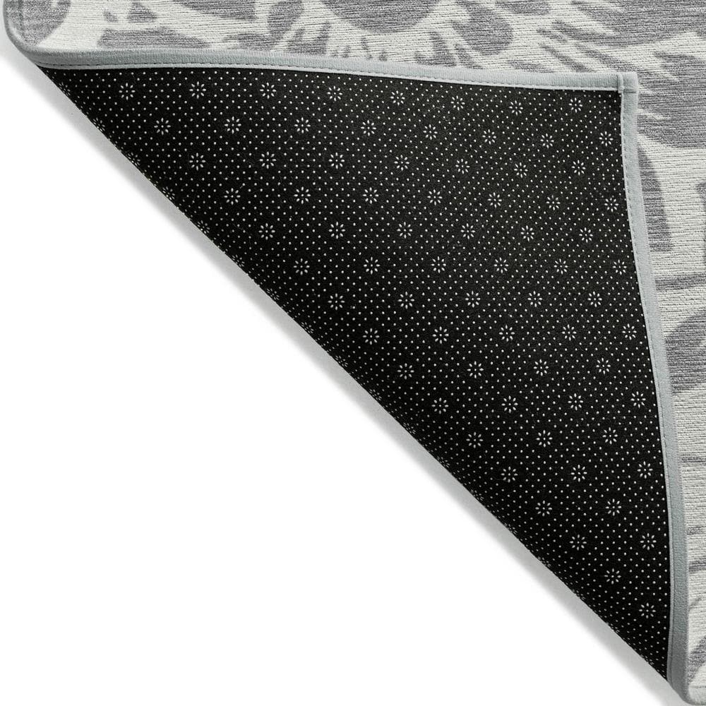 Gray Floral Machine Washable Indoor Outdoor Runner Rug
