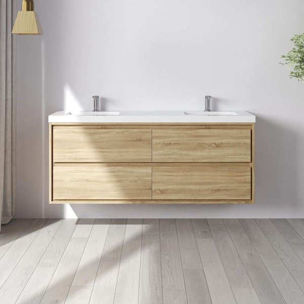 MEDUNJESS Purus 60 in. W x 20 in. D x 26 in. H Double Sink Wall Mounted Bath Vanity in Oak with White Cultured Marble Top