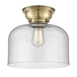 Bell 12 in. 1-Light Antique Brass Flush Mount with Seedy Glass Shade