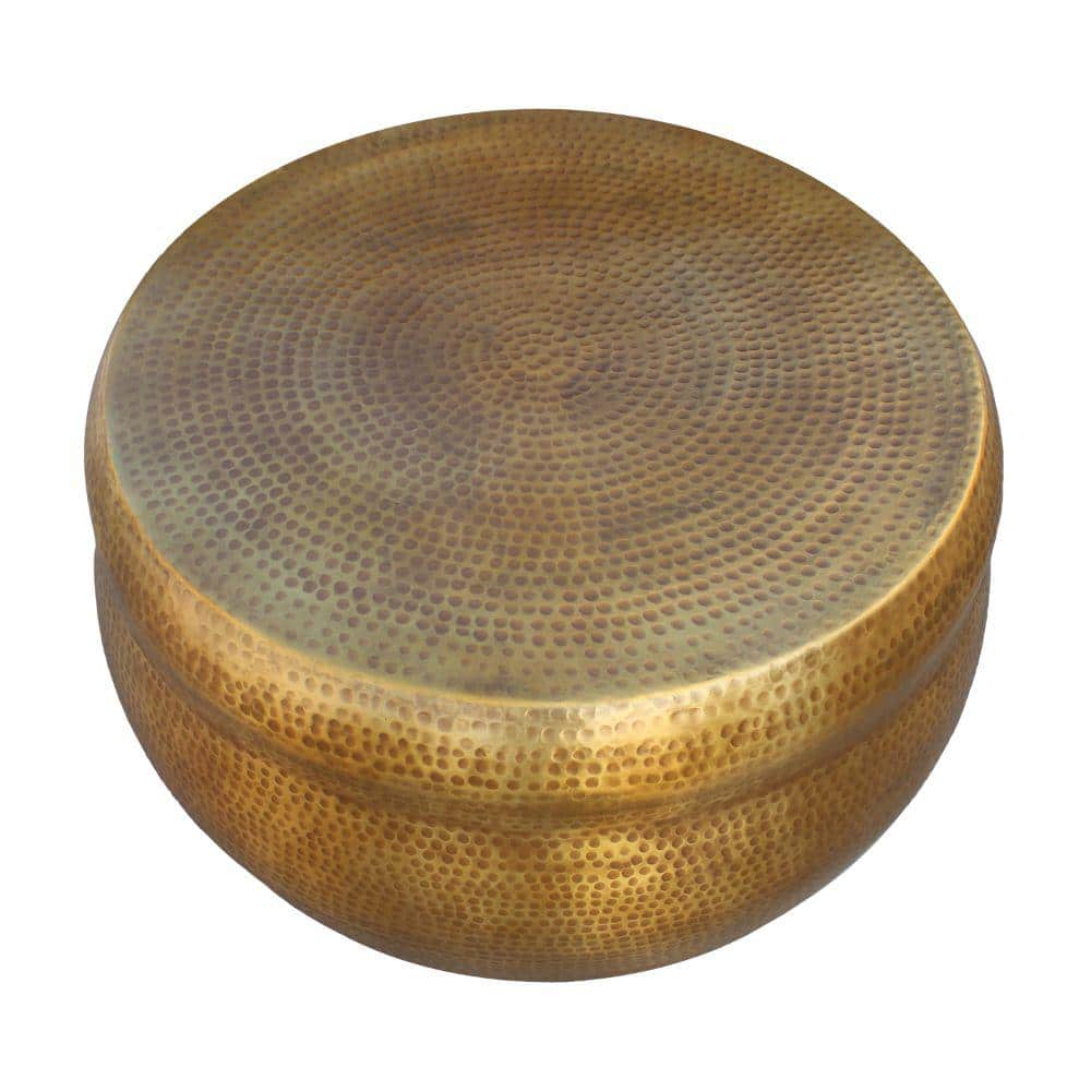 32" Artisanal Antique Brass Round Drum Coffee Table with Storage