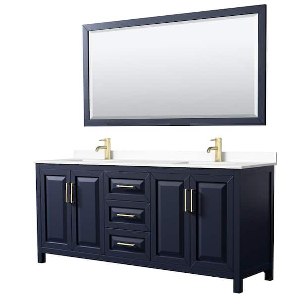 Wyndham Collection Daria 80in.Wx22 in.D Double Vanity in Dark Blue with Cultured Marble Vanity Top in White with Basins and Mirror