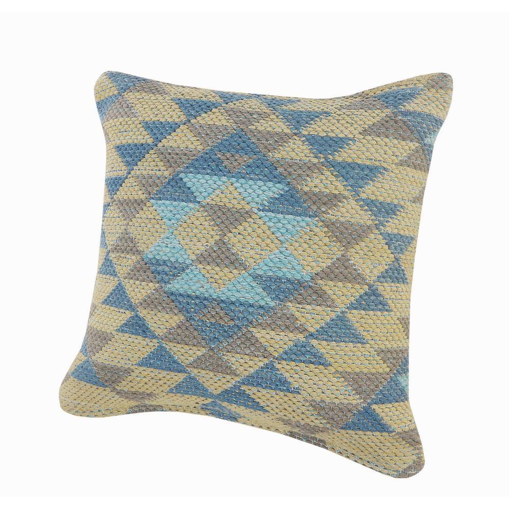 Southwestern Geometric Blue and Beige Cotton Throw Pillow, 18 x 18 inches