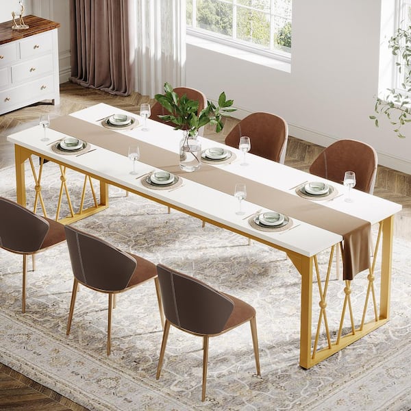 BYBLIGHT Roesler Modern White and Gold Engineered Wood 78.7 in. 4-Legs Dining Table Seats 6