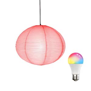Jupiter 24 in. 5-Watt Sleek White Globe Pendant Light With Rice Paper Shade and Replaceable RGB Color Changing LED Bulb