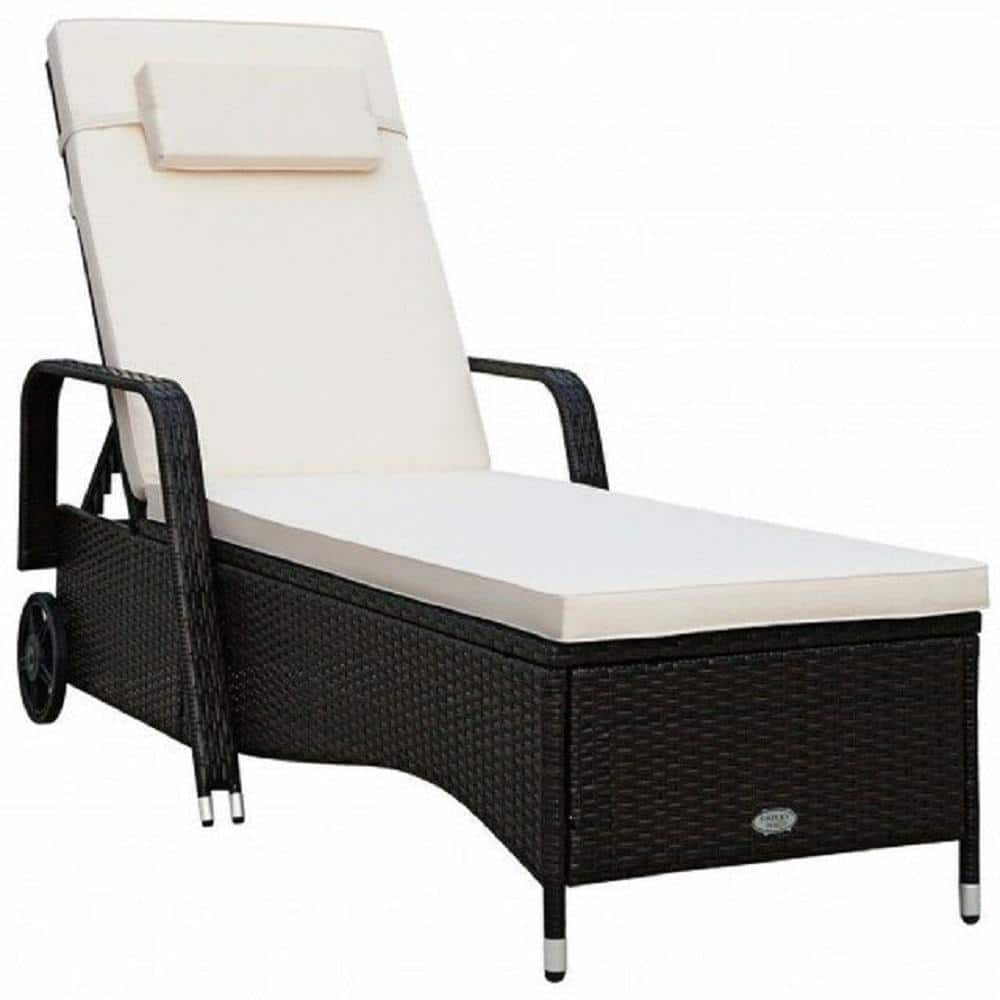 Brown Wicker Outdoor Chaise Lounge Recliner with Beige Cushions