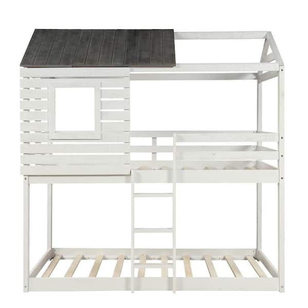 STICKON White Twin Over Twin Size Wood Bunk Bed with Ladder
