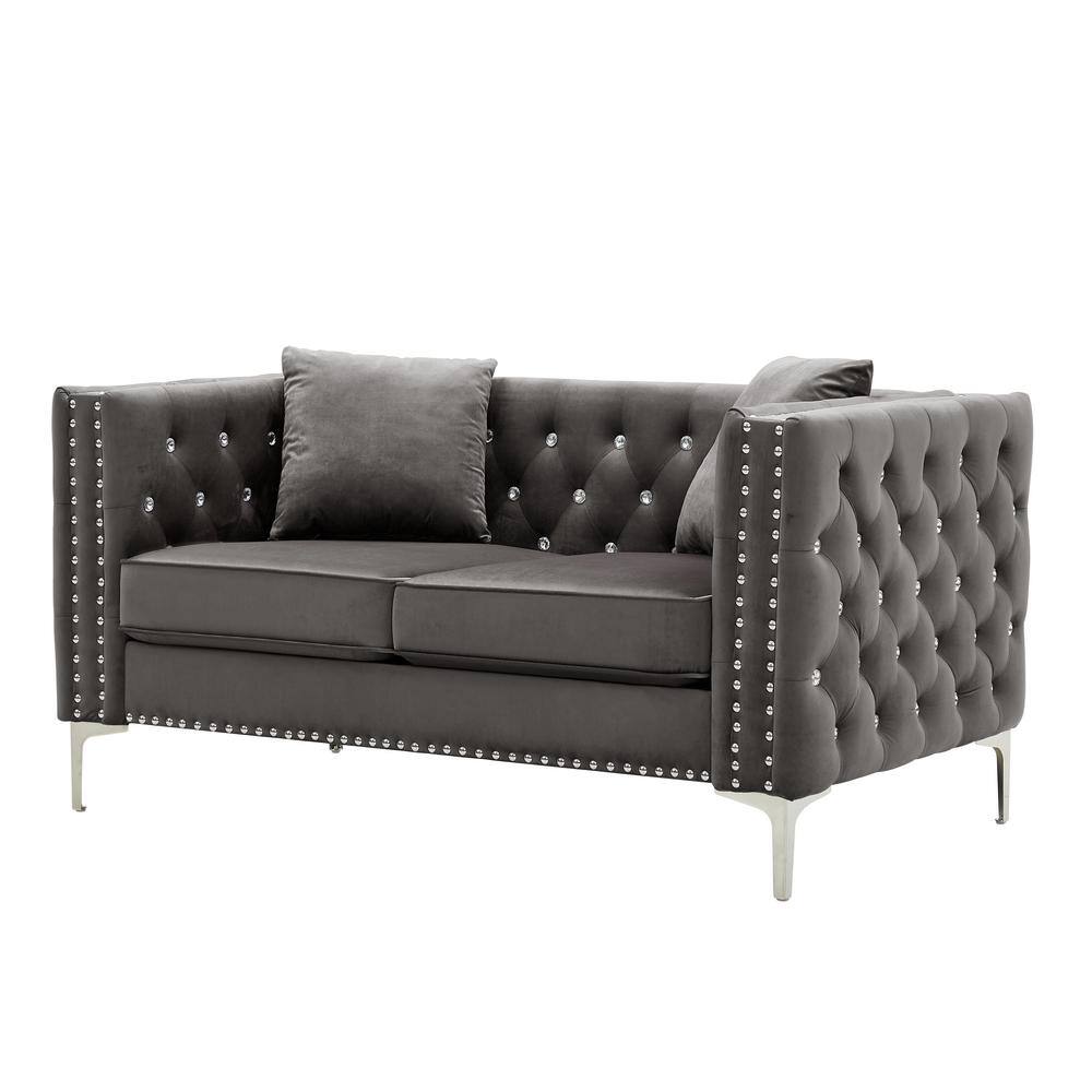 59.4 in.W Modern Gray Square Arm Velvet Straight Tufted Loveseat with 2
