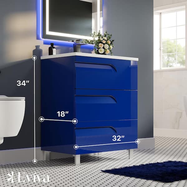 Joyous 32 in. W x 18 in. D x 34 in. H Freestanding Bath Vanity in Blue with White Porcelain Top