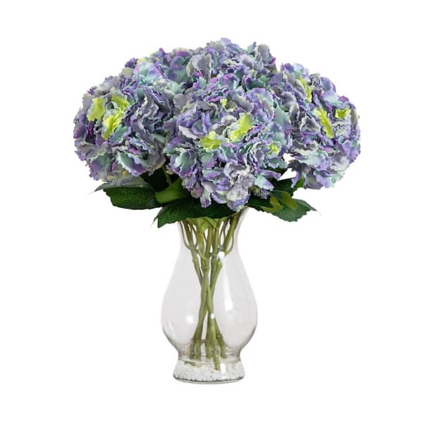 Nearly Natural 20 in. Blue Artificial Hydrangea Arrangement in Glass Vase