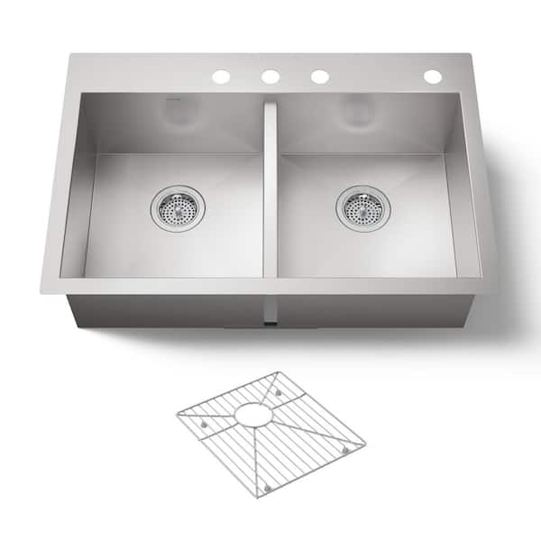 KOHLER Vault Drop-In Stainless Steel 33 in. 4-Hole Double Bowl Kitchen Sink with Basin Rack
